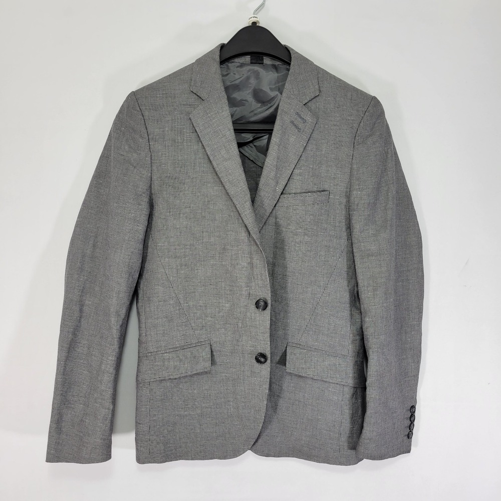 H&M Men's Sport Coat Blazer Two Button Gray Checked Linen Cotton Blend Size 36R